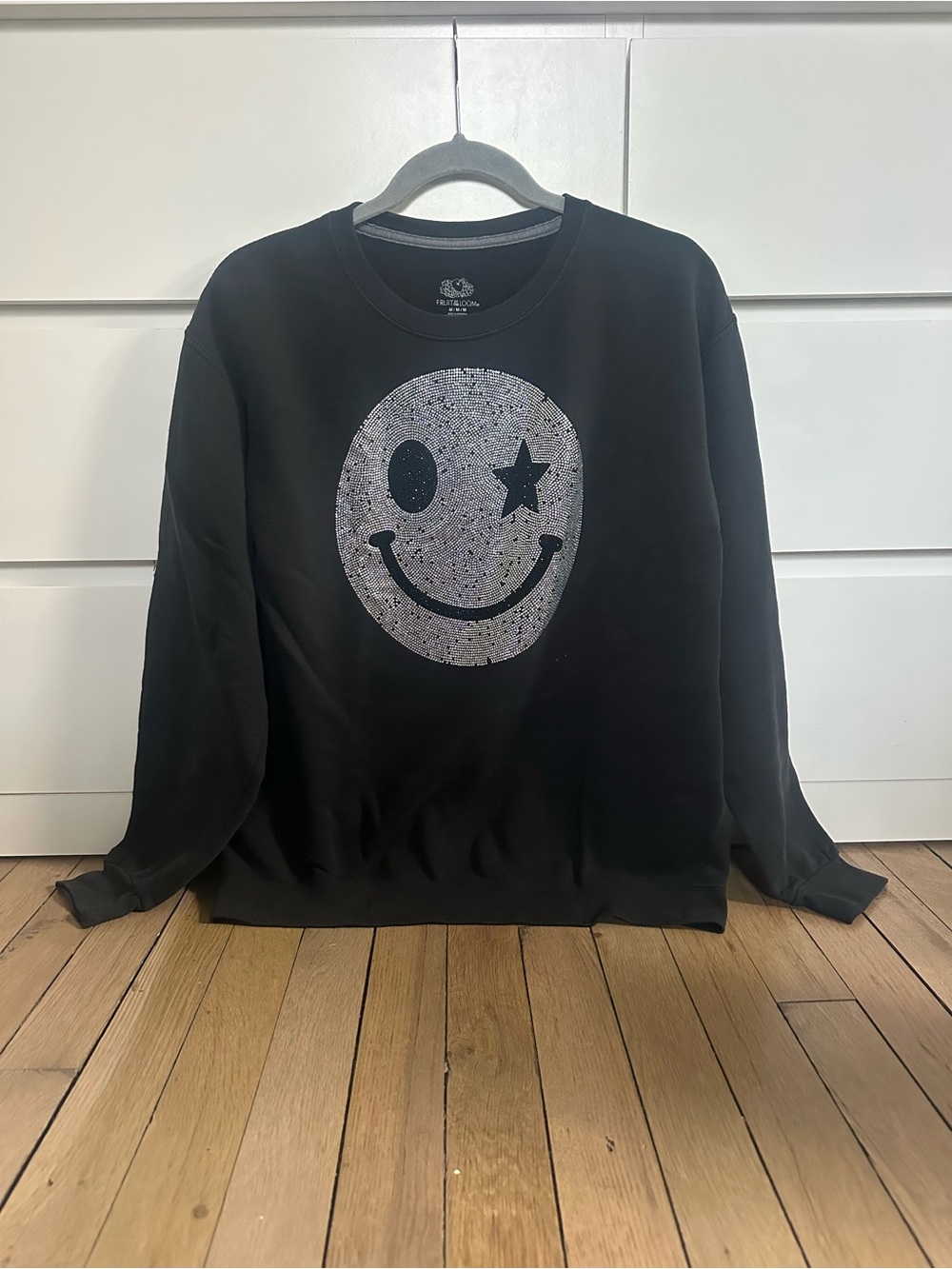 Fruit of the Loom Black Crewneck with Silver Smiley Graphic